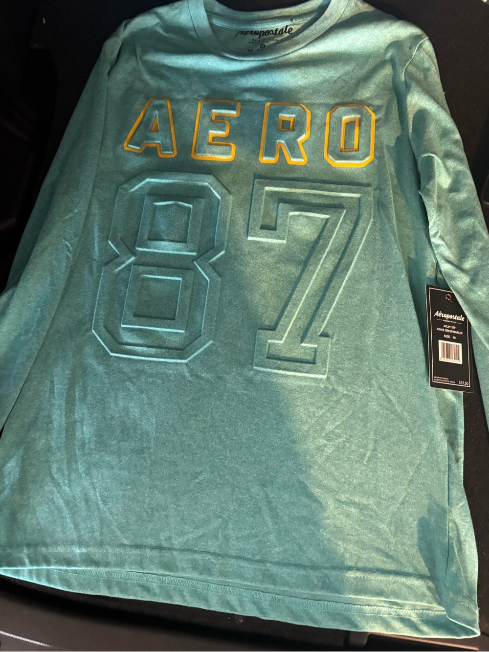 Aeropostale Teal Long Sleeve 'AERO 87' Top with Yellow Accent